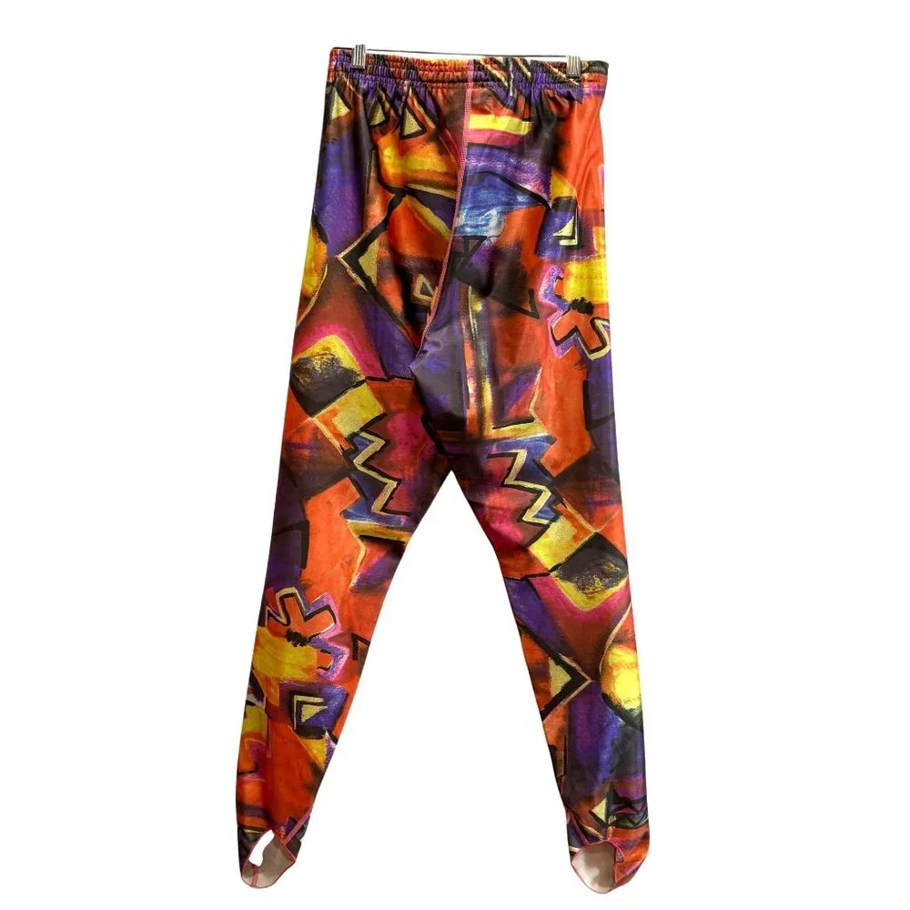 Vintage 90s Passport Stirrup Ski Pants Size 14 Abstract Geometric Stretch D-Ring